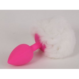 Розовая анальная пробка с белым хвостом "Задорный Кролик"